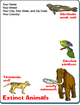 Stationery template decorated with labeled illustrations of extinct animals: a tasmanian wolf, mammoth, Carolina parakeet, and Caribbean monk seal.