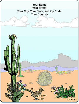 Stationery template with an illustration of a desertscape of cactus, tumbleweed, and a bird at the bottom and faded mountains in the background.