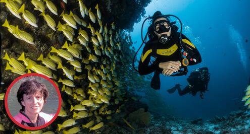 Two divers swimming past a school of fish near a coral reef, along with an small inset headshot of Paula Mikkelsen. 