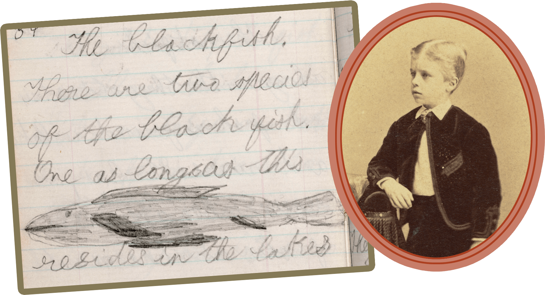 Portrait of young TR, alongside a page from his journal showing a drawing and notes about the blackfish.