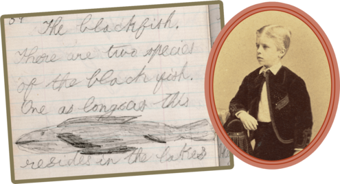 Portrait of young TR, alongside a page from his journal showing a drawing and notes about the blackfish.