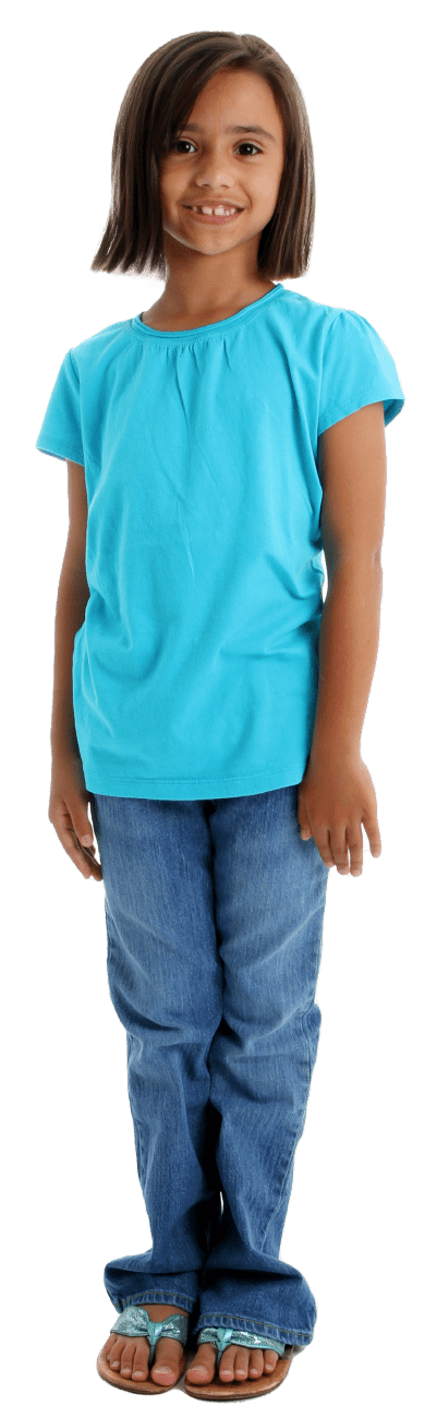 Young child wearing blue shirt and standing
