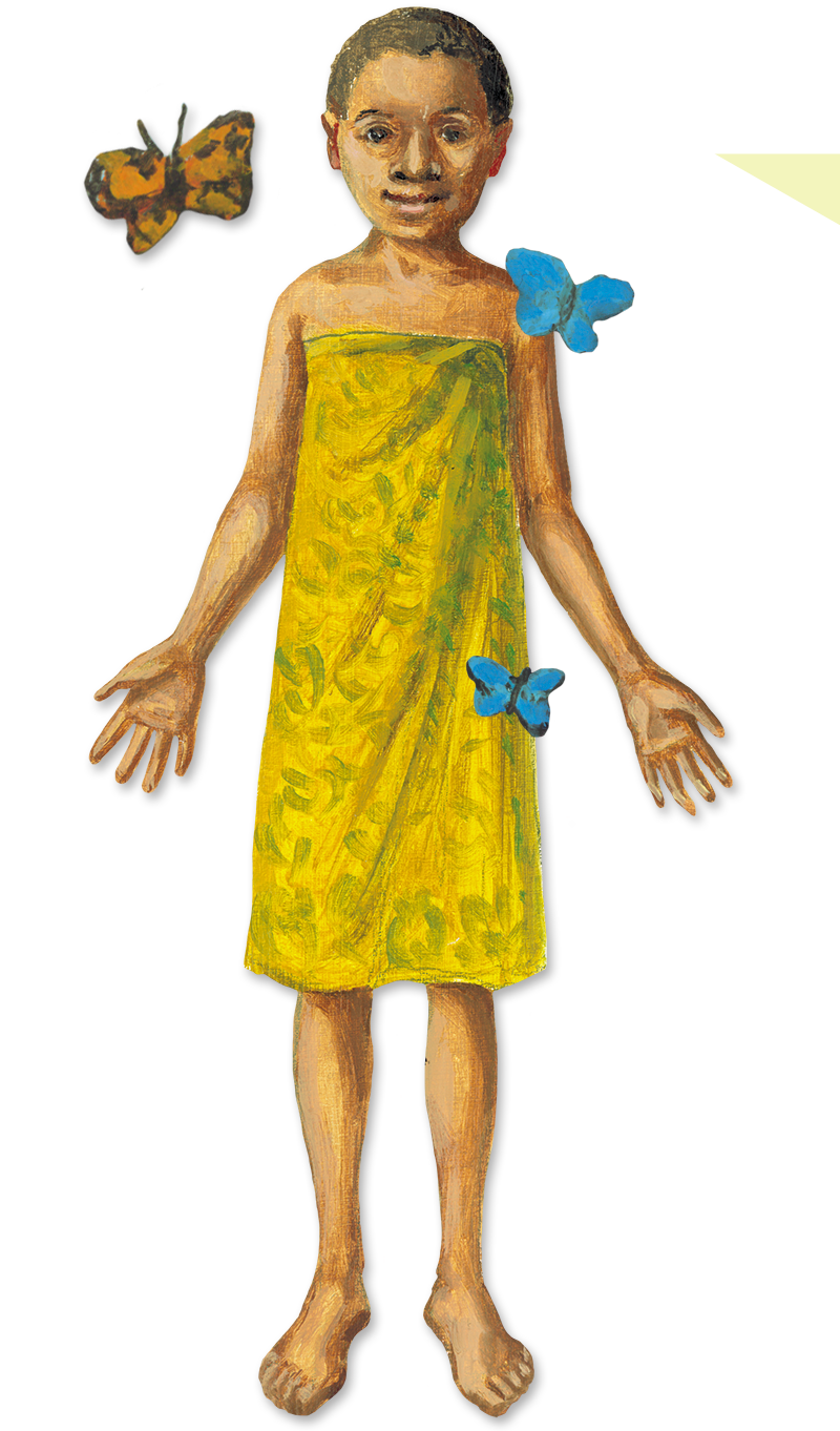 BaAka girl with butterflies swirling around her