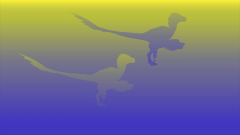 Two identical dinosaurs on a yellow-to-purple gradient background. 