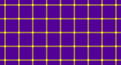 Purple field divided into a grid of yellow lines, with yellow dots at each intersection of grid lines. 