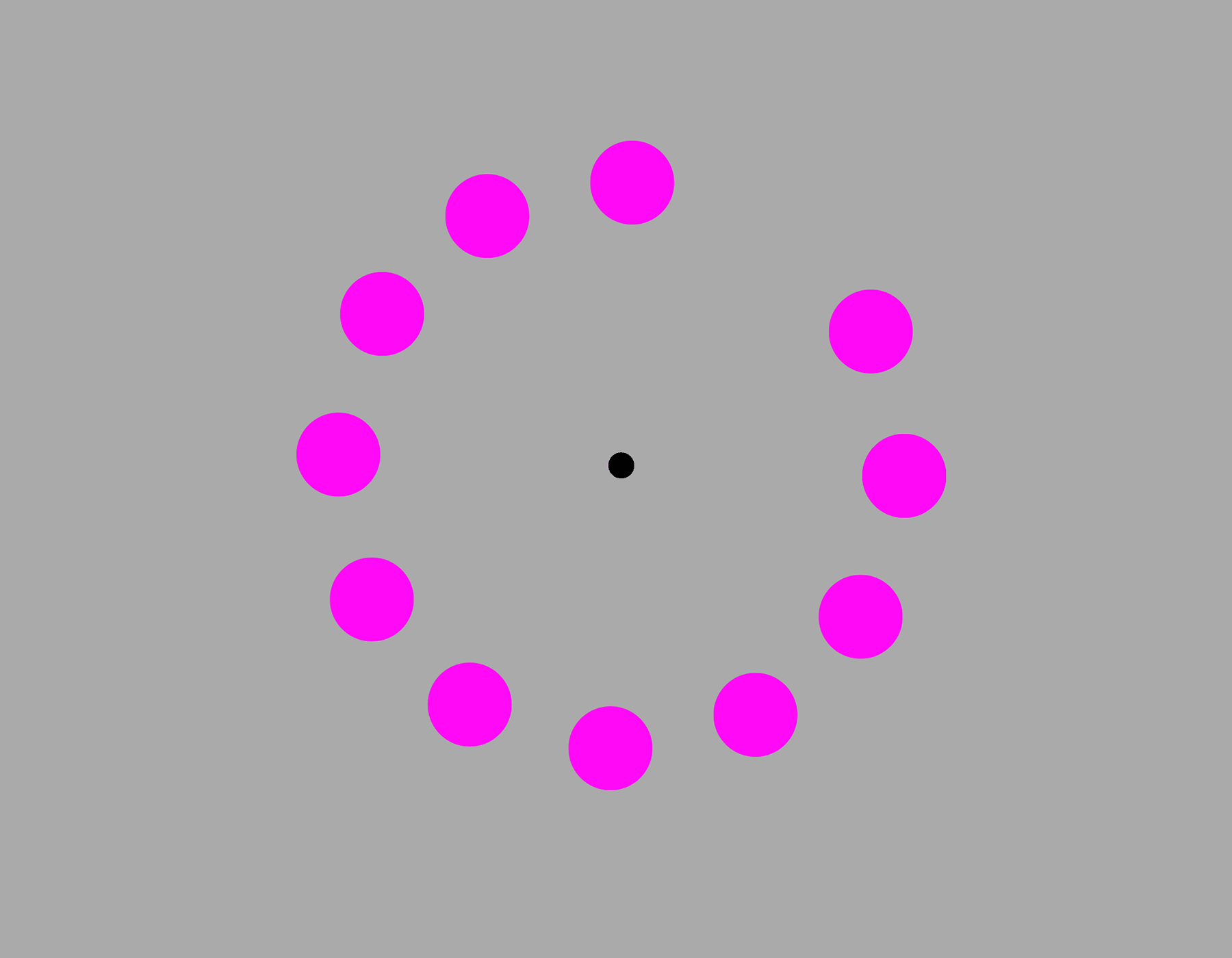 A circle of 12 evenly spaced dots, animated so that one dot disappears in a clockwise direction, leaving the illusion of a green dot. 