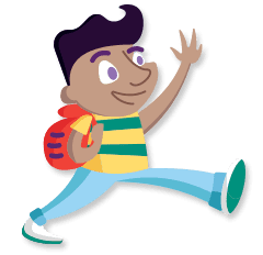 youth with backpack waving hand and taking a big step