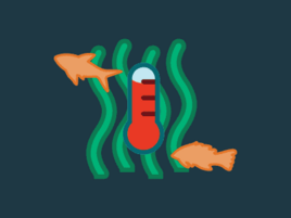 Illustration of a thermometer over seaweed with two fish swimming by. 