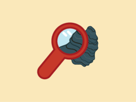 Illustration of a magnifying glass over a layered, dark rock formation. 
