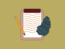 Illustration of a clipboard with lined paper, a pencil, and a rock. 