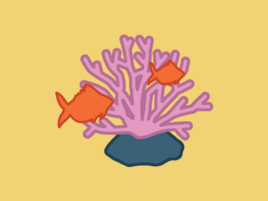 Illustration of two fish swimming by a coral reef.