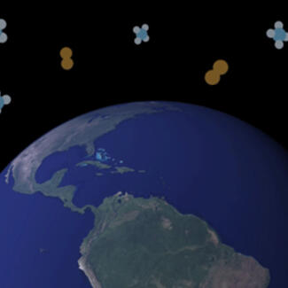 Visualization of Earth from space with shapes representing methane (one circle surrounded by four circles) and nitrogen (two joined circles) above.