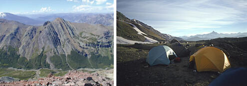 The Andes Mountains of Chile, South America (left). Camp site (right).