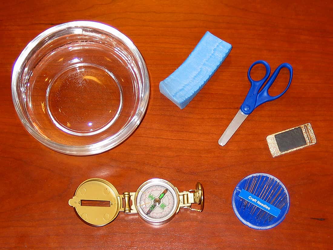 sewing needles, a bar magnet, a piece of foam, scissors, a small bowl of water and a real compass