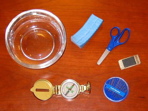 sewing needles, a bar magnet, a piece of foam, scissors, a small bowl of water and a real compass
