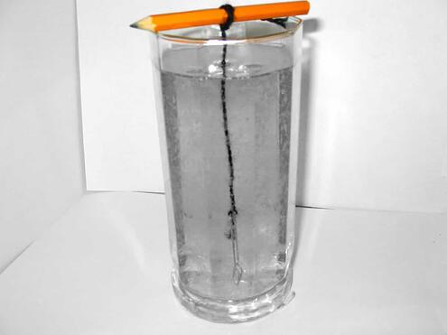 pencil places across the top of the glass with the string and paper clip hanging into the liquid in the glass