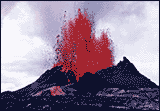 Visualization of an erupting volcano with bright lava emerging vertically from the volcano's opening.