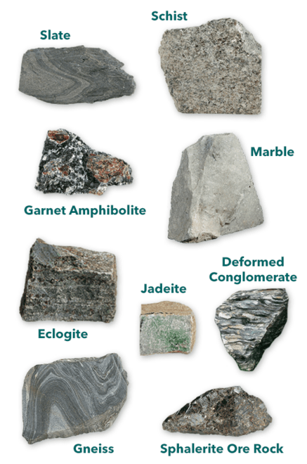 rocks including slate, jadeite, garnet amphibolite, schist, marble, gneiss, deformed conglomerate, sphalerite ore rock, and eclogite