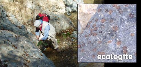 looking at boulders near riverbed for ecolgite and close up of ecologite