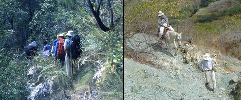 jade hunters walking through woods and on horseback