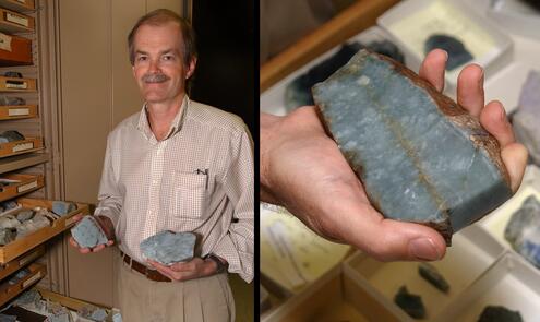 George Harlow in front of collection cabinet with many samples on shelves