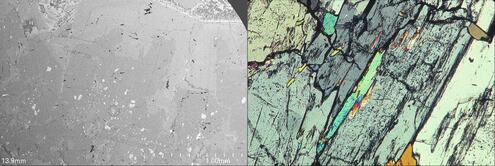left side shows b/w image of jade under an electron microscope. right side shows colorful mineral grains under an optical microscope.