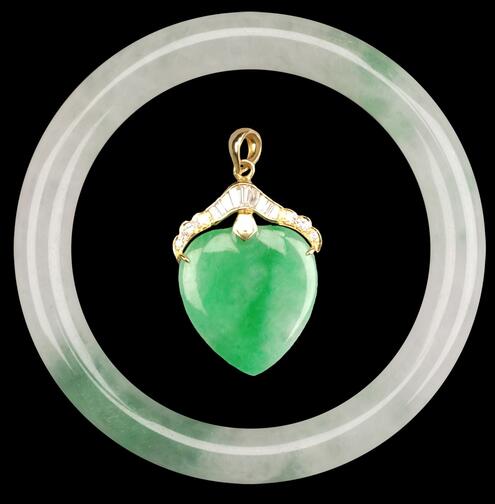 solid jade bangle bracelet and heart-shaped jade pendant