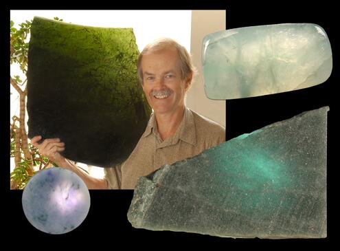 4 samples of jade in various colors with light sources emanating through