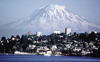 snowcapped Mt. Rainier beyond the city