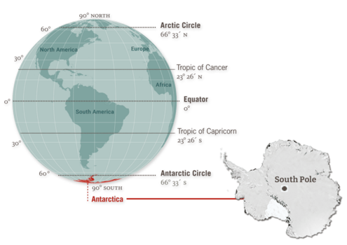 globe with latitudes and longitudes delineated and Antarctica at bottom of globe highlighted, shape of Antarctica with South Pole marked