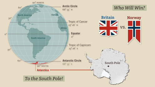 Earth with Antarctica and the South Pole highlighted and the British and Norwegian flags