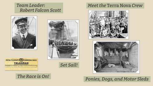 scrapbook page with picture of Robert Falcon Scott, a telegram, the ship and shipmates plus the animals that were coming on board