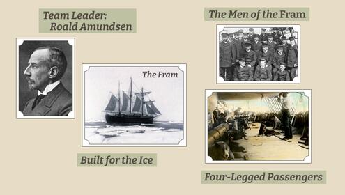 scrapbook page with pictures of Roald Amundsen, a ship called The Fram, and the crew members and dogs that came along