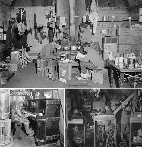 collage of photos showing crew member reading in makeshift kitchen, hanging out in bunks, and someone playing player piano
