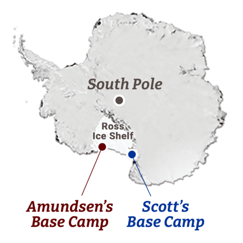 shape of Antarctica with the South Pole labeled as well as the Ross Ice Shelf and location of Amundsen's and Scott's camps on it