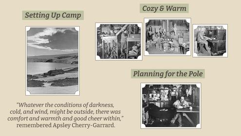 scrapbook page showing photos of base camp lodgings from outside and inside with furntiure