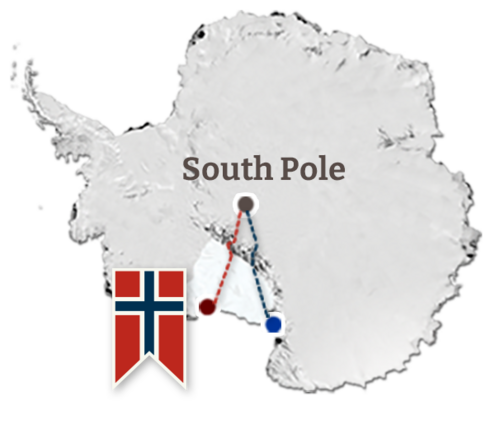 shape of Antarctica with the South Pole Marked and the Nowregian Base camp and route to the South Pole marked with Norwegian Flag next to it