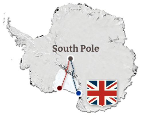 shape of Antarctica with the South Pole Marked and the British Base camp and route to the South Pole marked with British Flag next to it