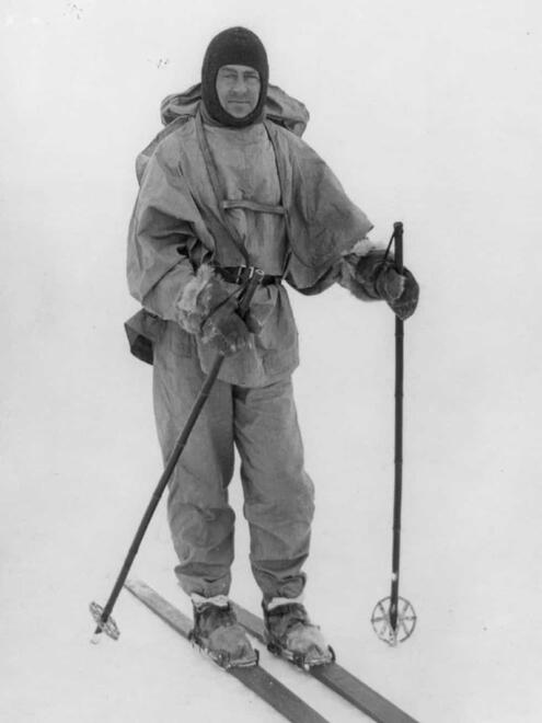 Captain Scott on skis wearing wool gear