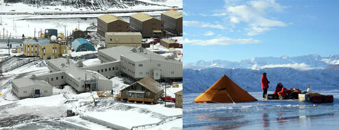 Modern research station compound and tent on the edge of ice