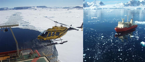 helicopter over Antarctica and tugboat off the shore