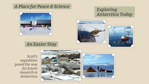 scrapbook page with pictures of Antartica today showing the Amundsen-Scott South Pole Station and ways to get to Antarctica like helicopter