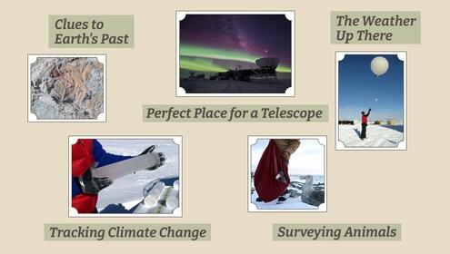 scrapbook showing photos of scientists studying outdoors on Antarctica and the telescope station
