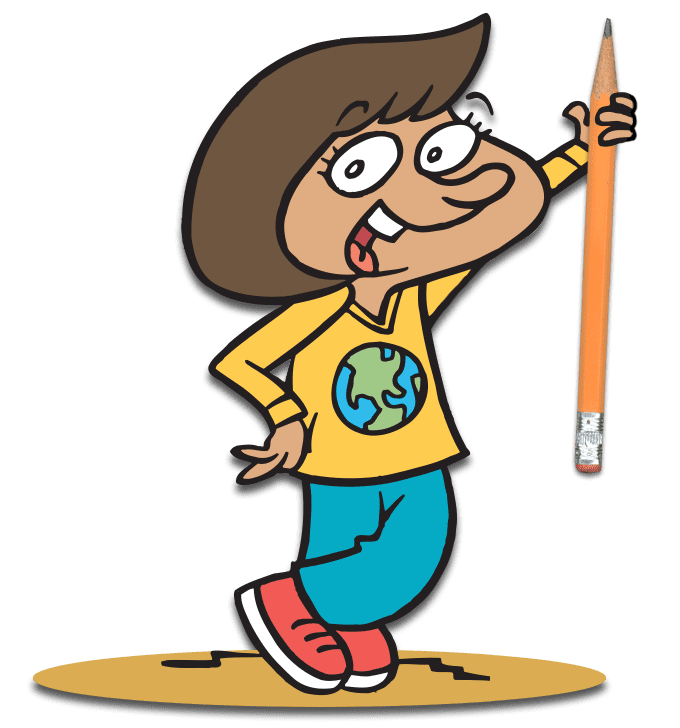 Character named Mandy holding a pencil