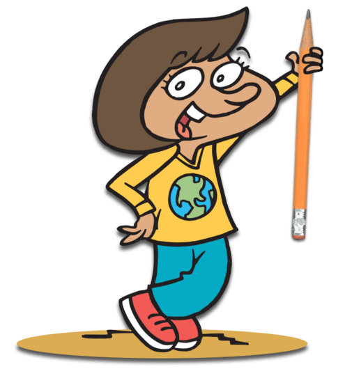 Character named Mandy holding a pencil