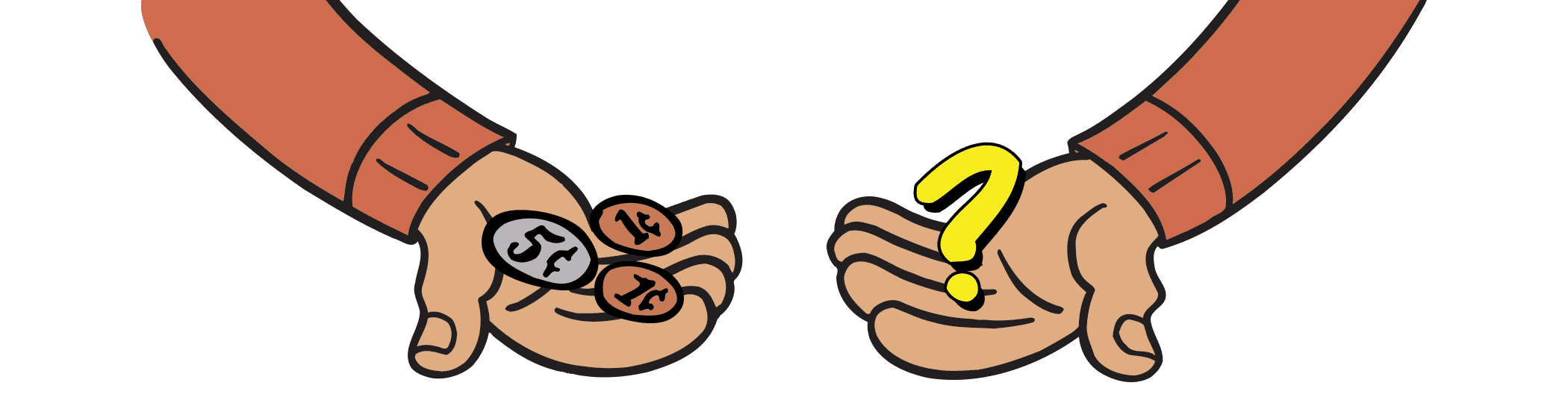 coins in the palm of one hand a question mark in the other