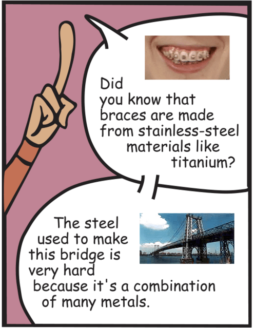 "Did you know braces are made from stainless-steel materials like titanium? Steel used to make bridges is very hard because it's a combo of many metal
