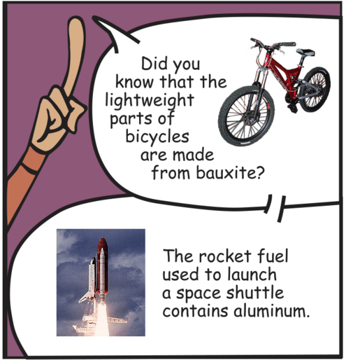 Mundo says, "Did you know that lightweight parts of bicycles are made from bauxite and rocket fuel used to launch a space shuttle contains aluminum?"