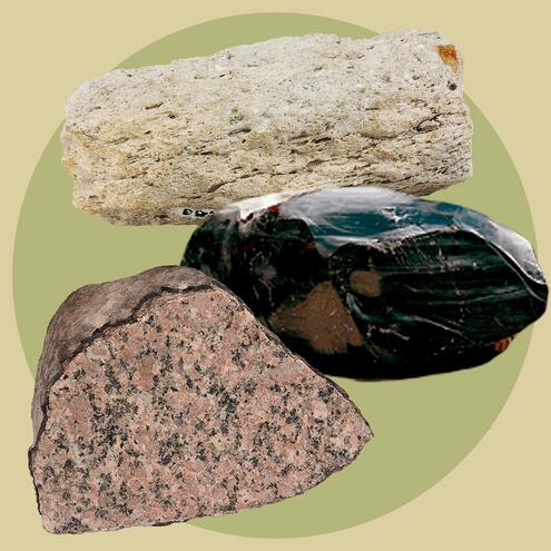 chunks of pumice, obsidian, and granite