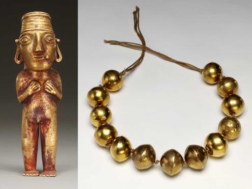 Incan gold statue and and gold beaded necklace
